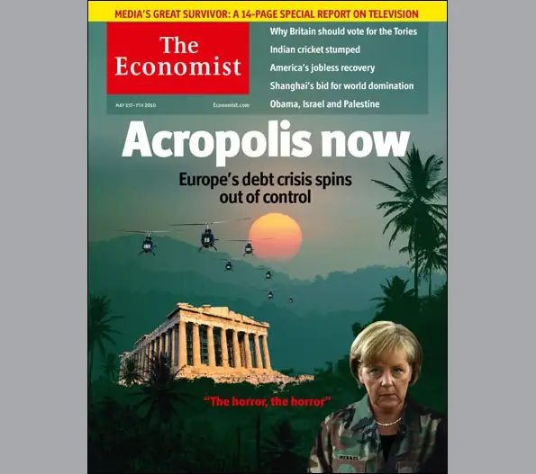 Economist cover headlined Acropolis now, helicopters over the Parthenon and Angela Merkel in the corner