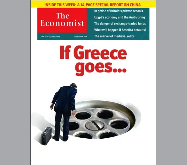 Economist cover headlined If Greece goes, a man in a suit with a briefcase stepping into a drain