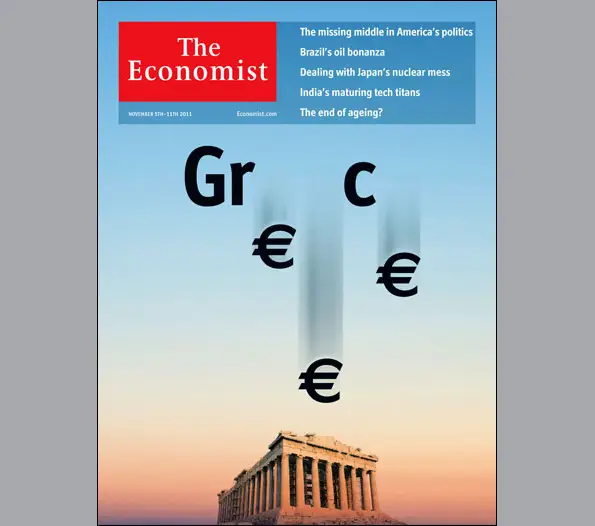 Economist cover with the word Greece missing its letters, euro signs falling toward the Parthenon