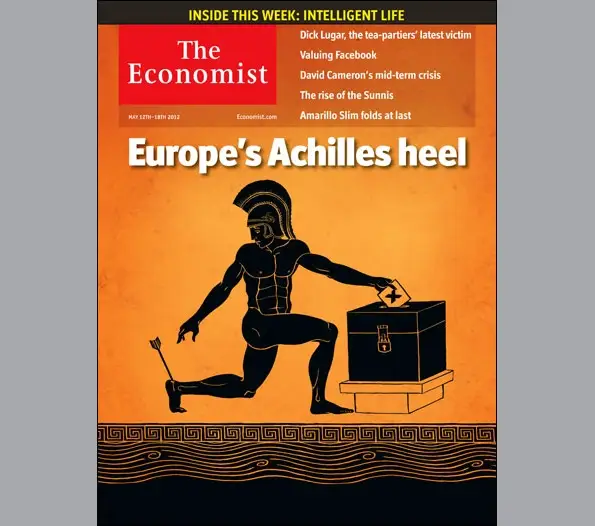 Economist cover headlined Europe's Achilles heel, an ancient Greek warrior with an arrow in his heel beside a ballot box