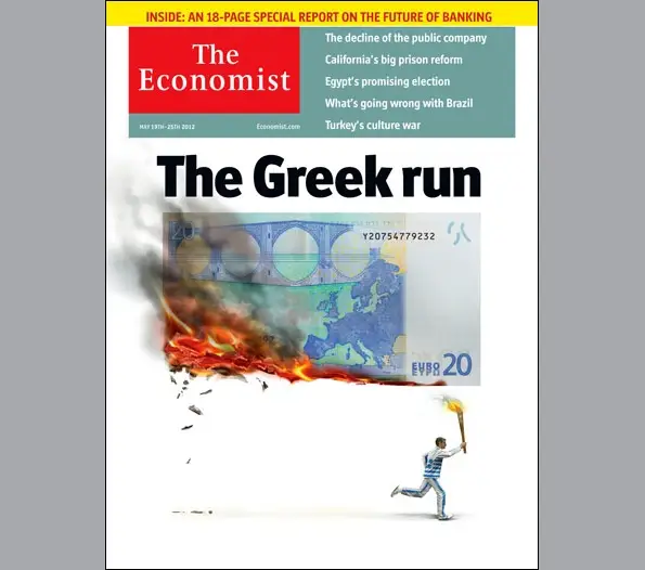 Economist cover headlined The Greek run, a runner with a torch setting fire to a euro banknote