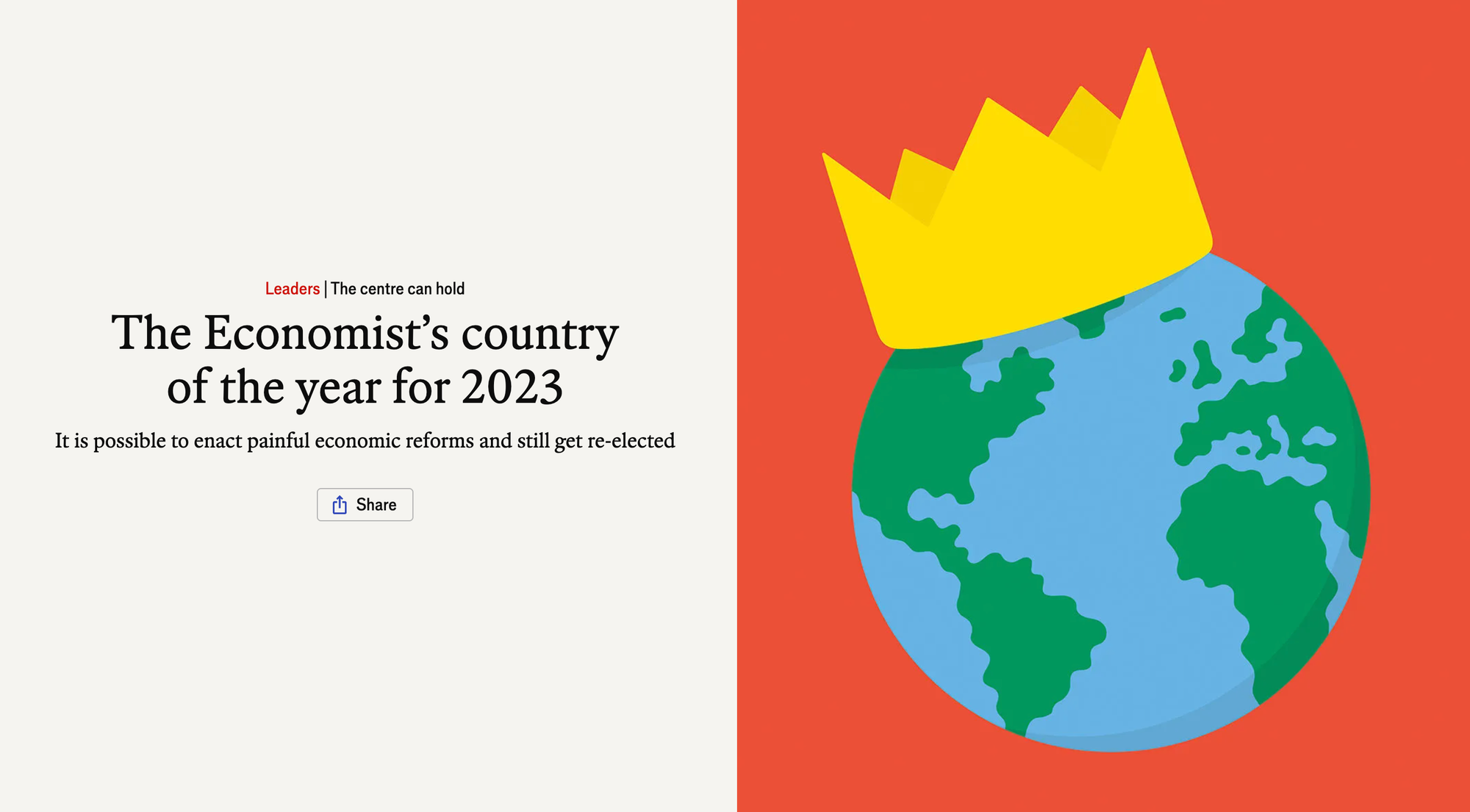 The Economist's country of the year for 2023, a globe wearing a gold crown